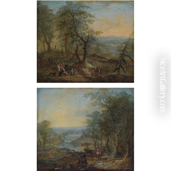 An Extensive Wooded Landscape With An Elegant Hunting Party And Hounds Attacking A Wild Boar (+ Another, Similar; Pair) by Franz Christoph Janneck