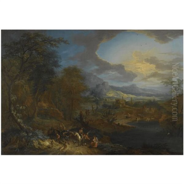 An Extensive Rhenish Landscape With Travellers And Their Horses On A Path In The Foreground Oil Painting by Franz Christoph Janneck