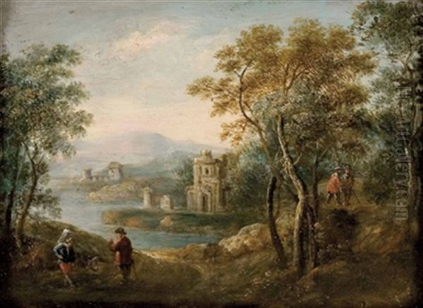 Bewaldete Uferlandschaft Mit Ruinen Und Personen Am Wegrand Oil Painting by Franz Christoph Janneck