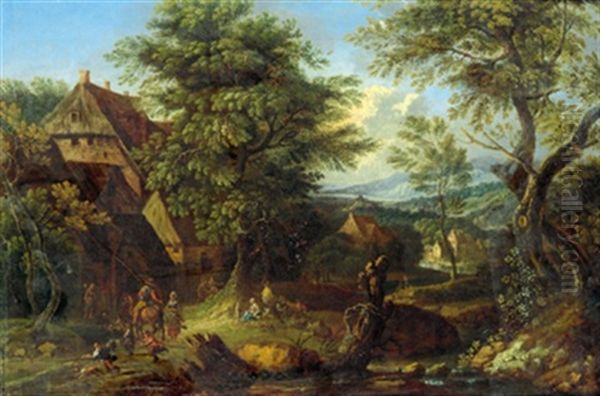 Bewaldete Landschaft Mit Einem Gutshof Und Figuren Oil Painting by Franz Christoph Janneck