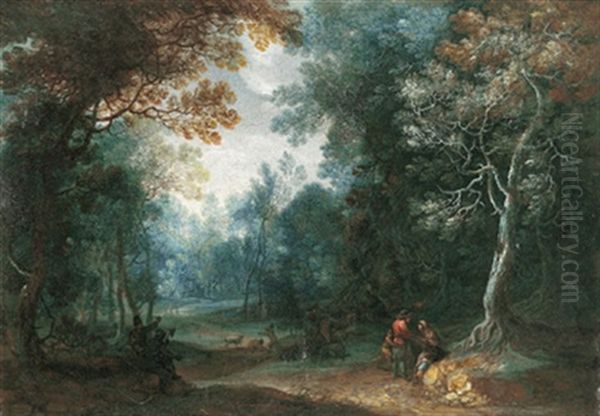 Waldlandschaft Mit Einem Bauern, Dem Eine Zigeunerin Aus Der Hand Liest Und Seinem Sohn Oil Painting by Franz Christoph Janneck