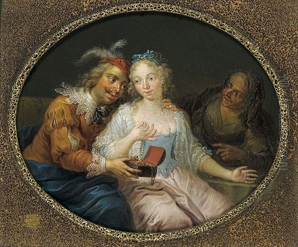 Eine Zigeunerin Liest Einer Jungen Frau Aus Der Hand (+ Ein Freier Bietet Einer Jungen Frau Juwelen, Dahinter Die Kupplerin; Pair) Oil Painting by Franz Christoph Janneck