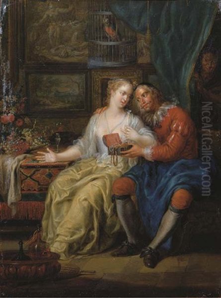 An Amorous Couple In An Interior Oil Painting by Franz Christoph Janneck