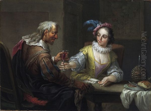 Ungleiches Paar Bei Wein Und Kartenspiel Oil Painting by Franz Christoph Janneck