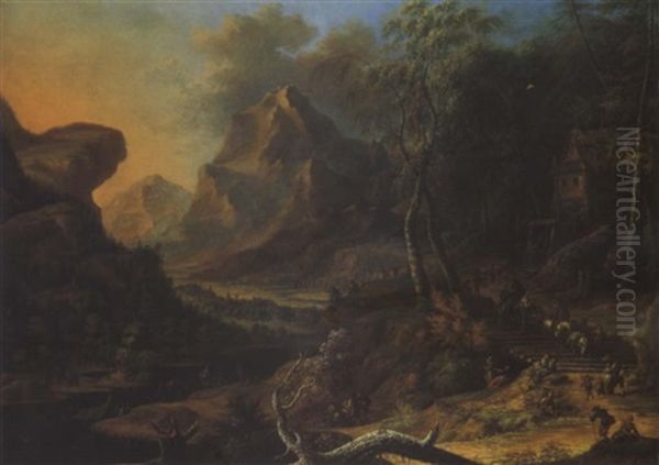 Gebirgslandschaft Mit Figuren Oil Painting by Franz Christoph Janneck