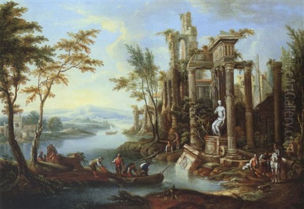 Weite Flusslandschaft Mit Antiker Tempelruine Oil Painting by Franz Christoph Janneck