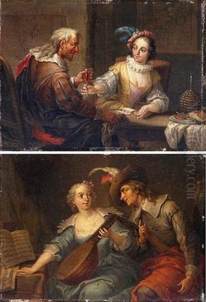 A Couple Playing Cards In An Interior Oil Painting by Franz Christoph Janneck