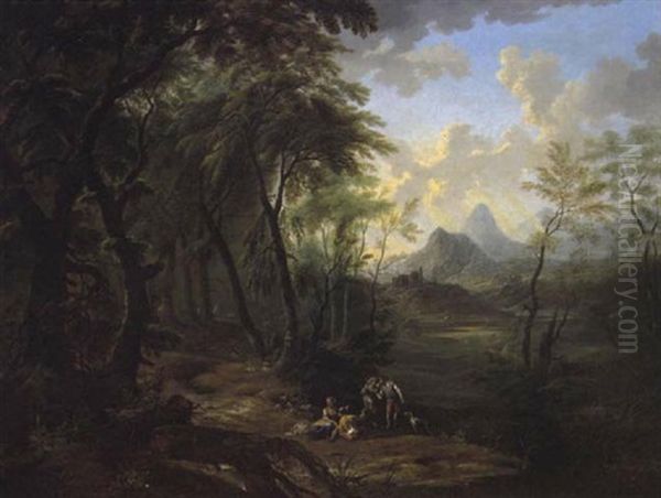 Gebirgige Waldlandschaft Mit Rastenden Oil Painting by Franz Christoph Janneck