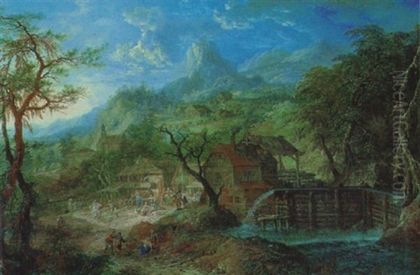 Dorf Im Gebirge Mit Einer Muhle Und Vielen Figuren Oil Painting by Franz Christoph Janneck