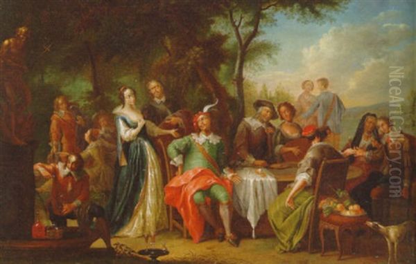 Elegant Company Merrymaking In A Wood Oil Painting by Franz Christoph Janneck