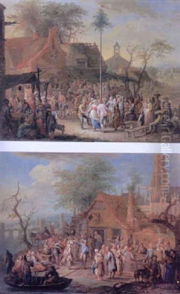 A Village Kermesse With Villagers Around A May Pole Oil Painting by Franz Christoph Janneck