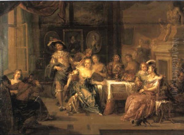 Elegant Company Merrymaking In An Interior Oil Painting by Franz Christoph Janneck