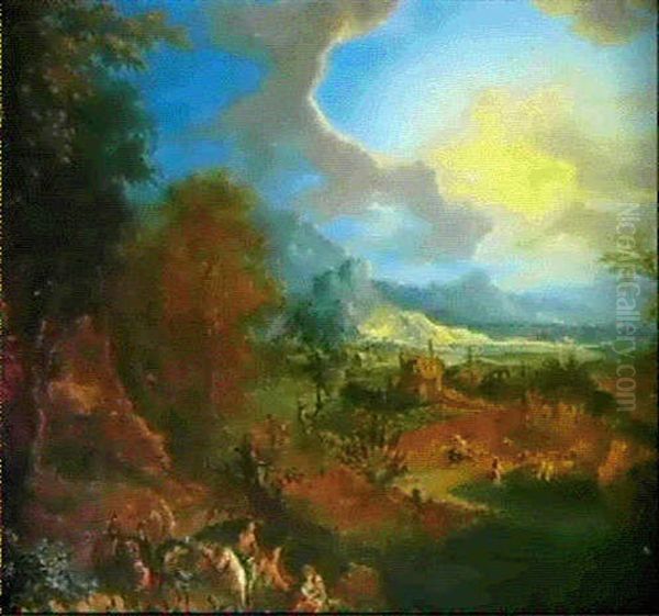 Reisende In Einer Flusslandschaft Oil Painting by Franz Christoph Janneck