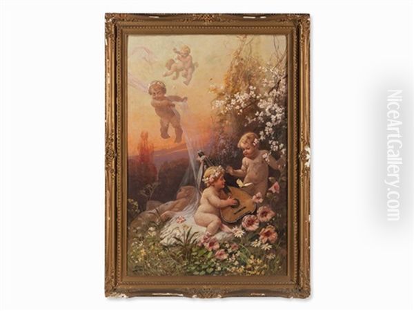 Putti In Arcadian Landscape by Georg Janny