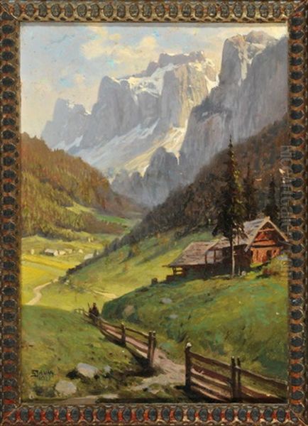 Blick Ins Villnostal Mit Geislergruppe In Den Dolomiten Oil Painting by Georg Janny