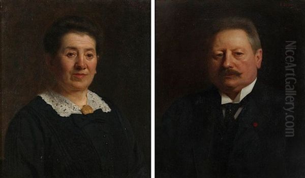 Portrait Of A Man And A Woman (2 Works) Oil Painting by Edouard De Jans