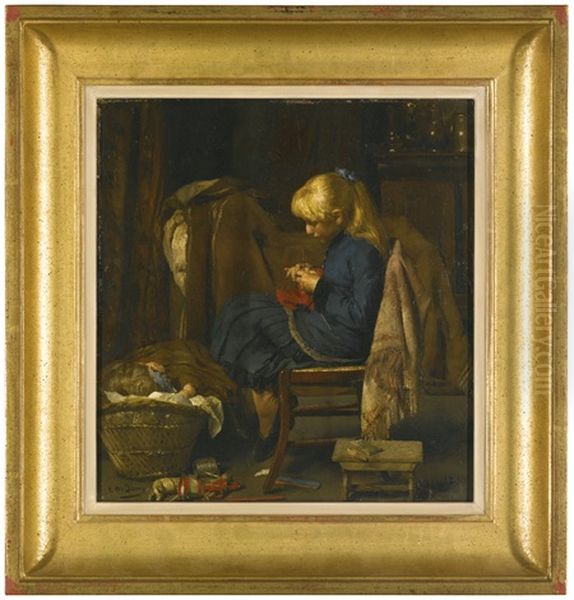 Jeune Femme Au Tricot Oil Painting by Edouard De Jans