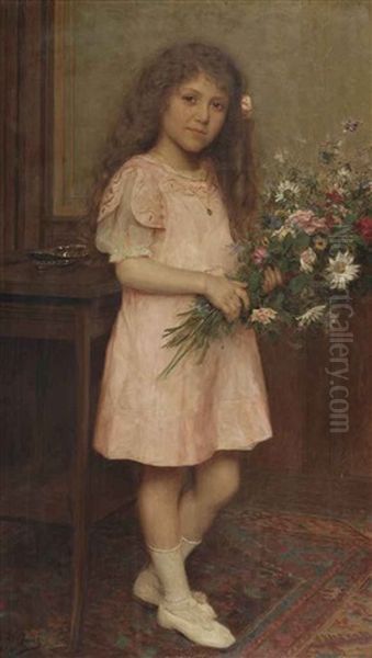 Portrait Of A Young Girl In A White Dress Holding A Bouquet Of Flowers Oil Painting by Edouard De Jans