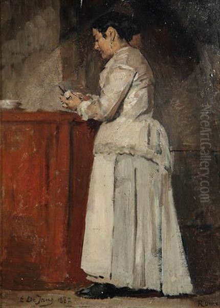 Femme Epluchant Pres D'un Comptoir En Bois Oil Painting by Edouard De Jans