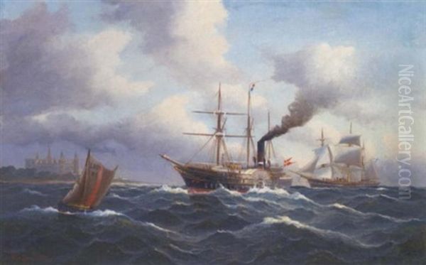 A Danish Paddle Yacht, Probably An Admiralty Or Similar Official Vessel, Passing Through The Sound Off Kronborg Castle Oil Painting by Alfred Jansen