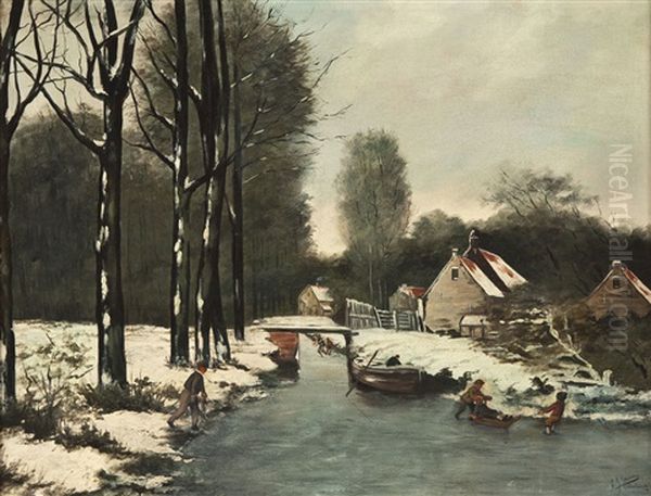 Dorfszenerie Am Zugefrorenen Fluss by Frederick Johannes Frits Jansen