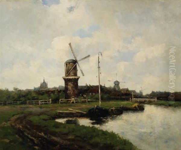 Mills By River De Dieze (molens Langs Riviertje De Dieze Met Op De Achtergrond Een Zicht Op 's-hertogenbosch) Oil Painting by Hendricus Jansen