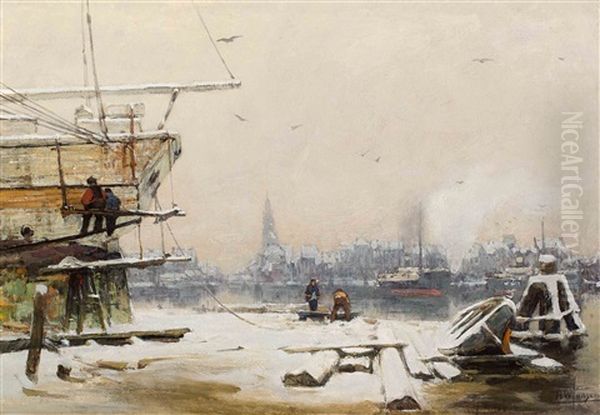 Snow-covered Harbour View With Shipyard Oil Painting by Hendrik Willebrord Jansen