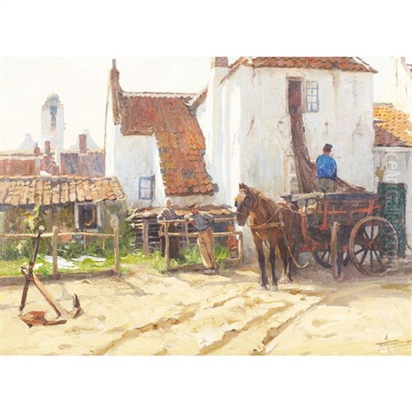 Farmer Loading A Horse-drawn Cart While Neighbours Chat Oil Painting by Hendrik Willebrord Jansen