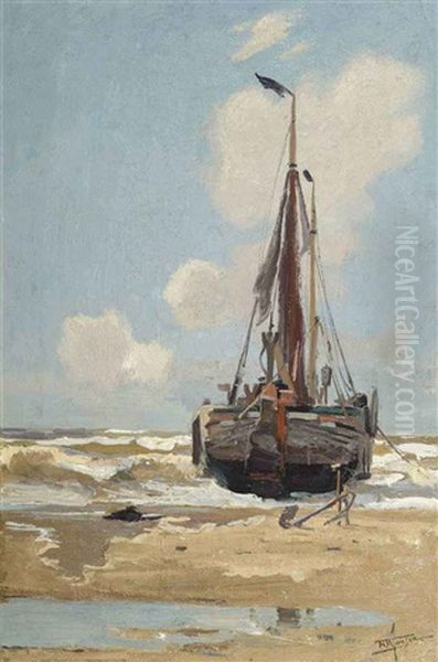 A Moored Fishing Vessel Oil Painting by Hendrik Willebrord Jansen