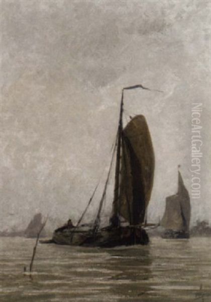 Sailing Barges In A Breeze Oil Painting by Hendrik Willebrord Jansen