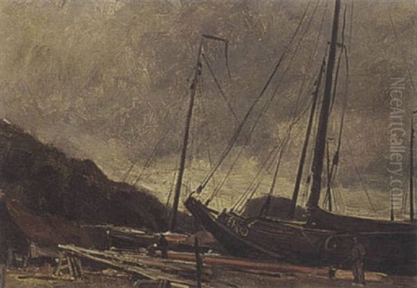 A Man Standing Beside A Boat Oil Painting by Hendrik Willebrord Jansen