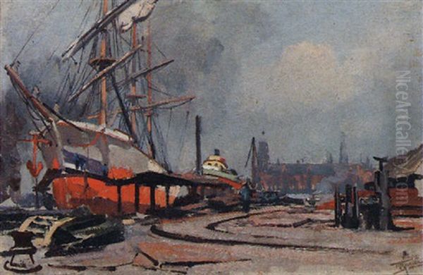 Moored Boats In The Harbour, Amsterdam Oil Painting by Hendrik Willebrord Jansen