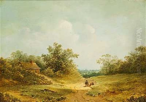 Kuperet Landskab Med Bonder Ved Et Bondehus Oil Painting by Johannes Mauritz Jansen