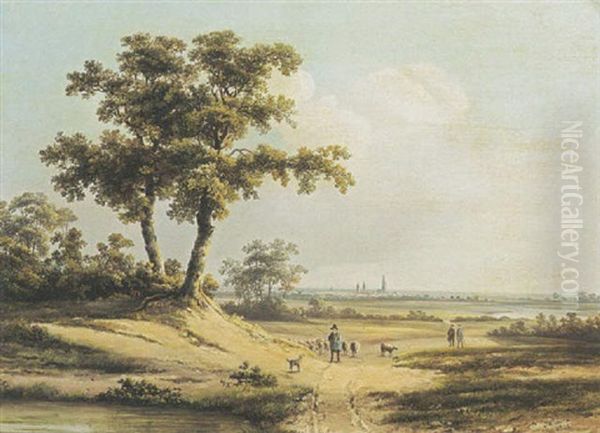 An Extensive Landscape With A Shepherd And Travellers On A Sandy Track Oil Painting by Johannes Mauritz Jansen