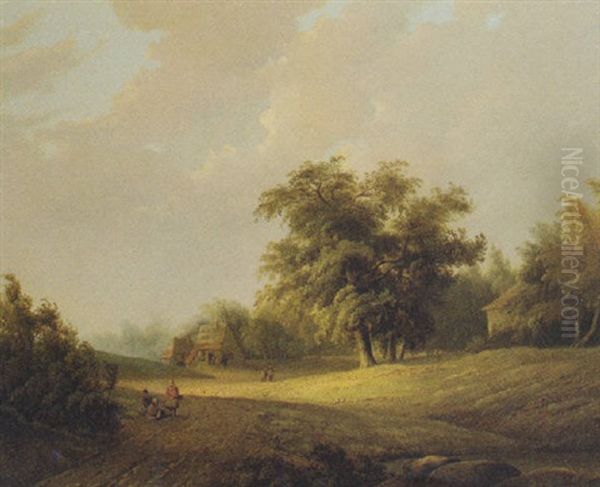 Peasants On A Sandy Trail In A Wooded Landscape Oil Painting by Johannes Mauritz Jansen