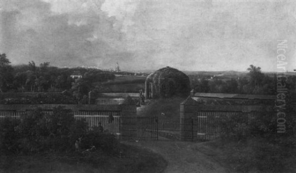 An Extensive Wooded Landscape With A Park Leading To An Estate, A Church Spire Along A River In The Distance Oil Painting by Johannes Mauritz Jansen