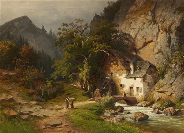 Mountain Landscape With A Mill By A Stream Oil Painting by Joseph Jansen