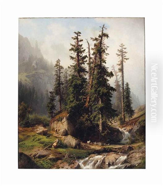 A Shepherd And Goats In A Mountainous Landscape Oil Painting by Joseph Jansen