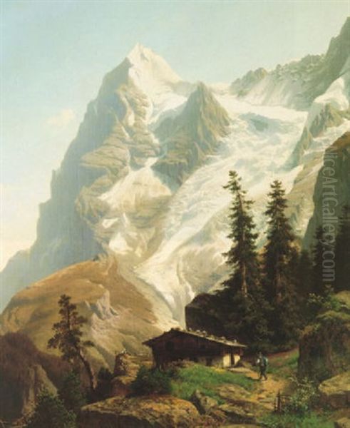 Hiker Approaching An Alpine Mountain House Oil Painting by Joseph Jansen