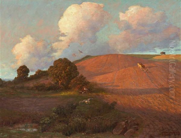 Ein Pfluger Mit Seinem Doppelgespann Vor Baumbestandenem Hugel Und Dramatischer Wolkenstimmung Oil Painting by Luplau Jansen