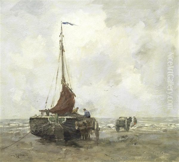 Unloading The Catch Oil Painting by Willem George Frederik Jansen