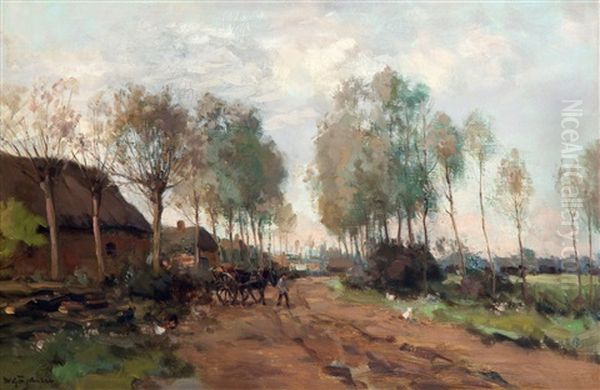 Boer Met Paard En Wagen Op Een Dorpsweg Oil Painting by Willem George Frederik Jansen