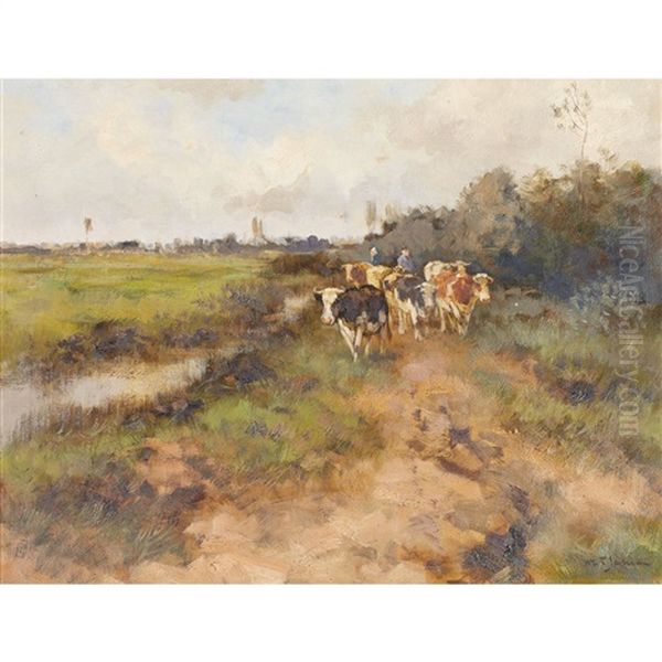 Herding Cows Along A Water Channel Oil Painting by Willem George Frederik Jansen