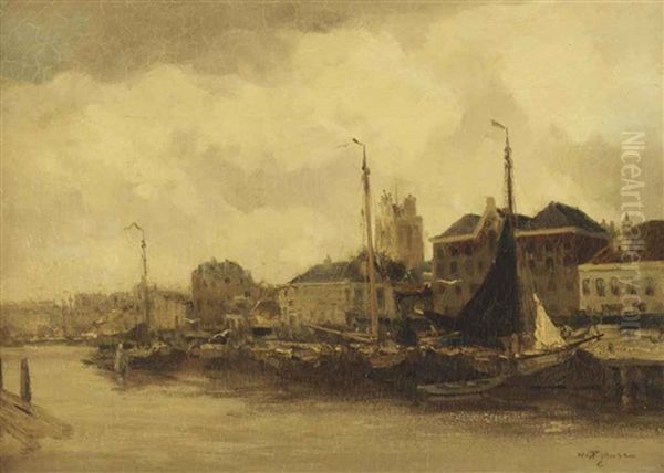 The Harbour Of Dordrecht, With The Grote Kerk Beyond Oil Painting by Willem George Frederik Jansen