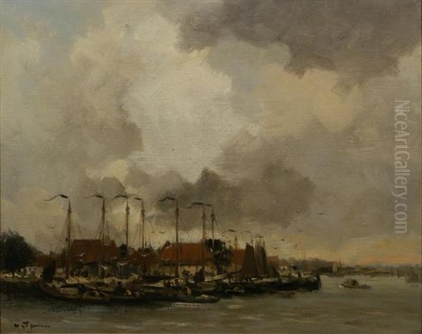 Harbour Scape Oil Painting by Willem George Frederik Jansen