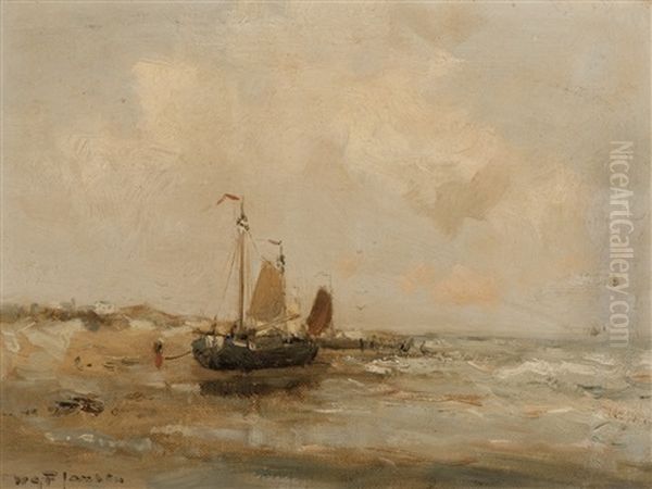 Moored Barges On The Beach by Willem George Frederik Jansen