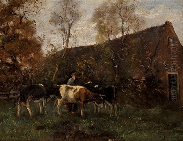 Cows On The Farmyard Oil Painting by Willem George Frederik Jansen