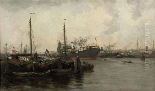 Boats In A Dutch Harbor Oil Painting by Willem George Frederik Jansen