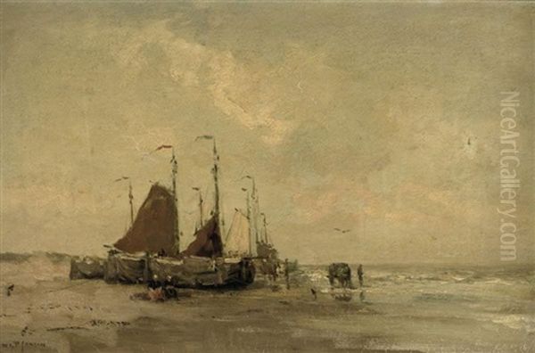 Bomschuiten On The Beach Oil Painting by Willem George Frederik Jansen