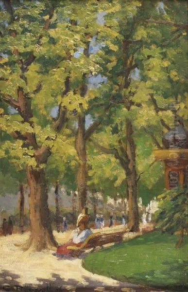 Femme Assise Sur Un Banc Dans Un Parc Oil Painting by Georges Barwolf